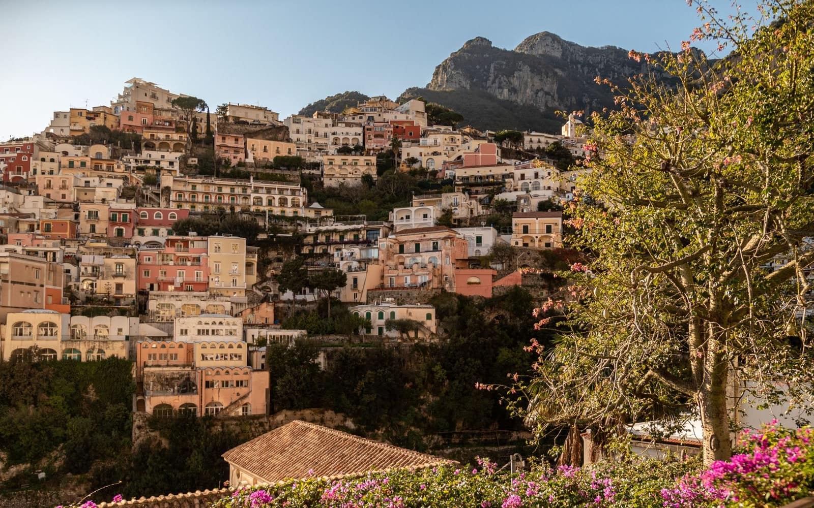 The colourful houses of Positano descending towards the sea, Amalfi Coast