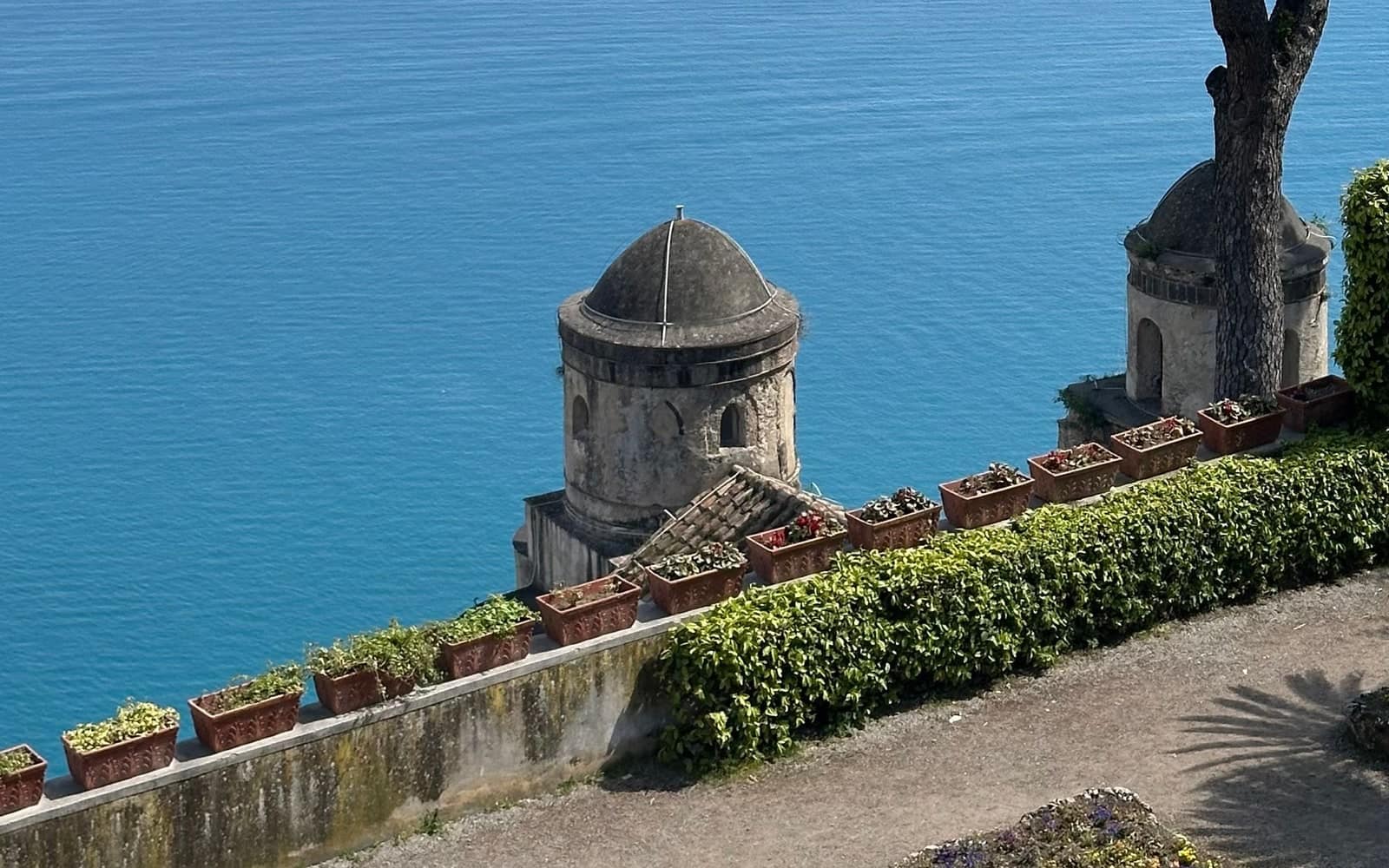 The towers of Villa Rufolo in Ravello overlooking the sea of the Amalfi Coast